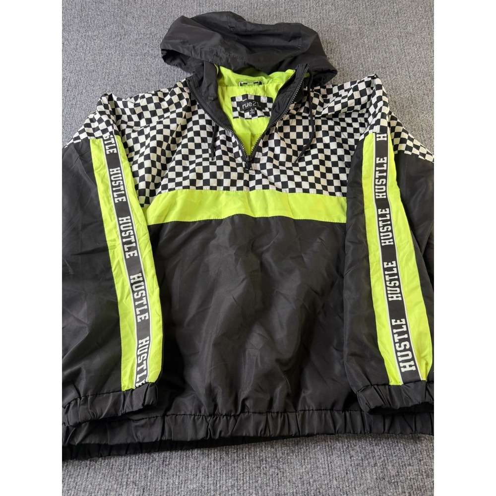 Rue 21 Hustle Windbreaker Jacket Mens L Black Neon Green Checkered Hood Pullover